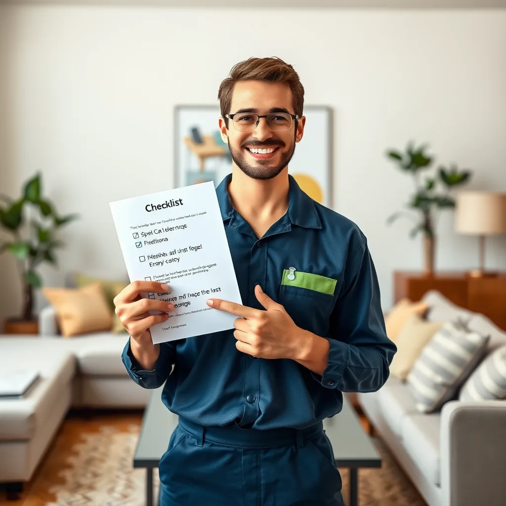 A smiling cleaning professional in a uniform standing in a living room, holding a checklist and pointing to a specific section on it. The living room is neatly arranged with a sofa, coffee table, and a few plants, showcasing the 'before' state of a cleaning session. The background is blurred to focus on the cleaning professional and the checklist.