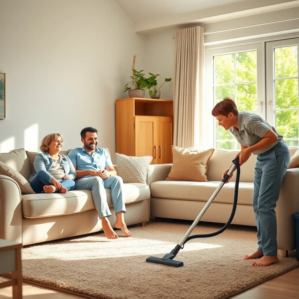 A smiling family relaxing in their living room while a professional cleaner is busy vacuuming the carpet. The room is bright and tidy, with furniture arranged comfortably. The cleaner is wearing a uniform and is focused on their work. In the background, a window reveals a sunny outdoor scene with lush greenery.