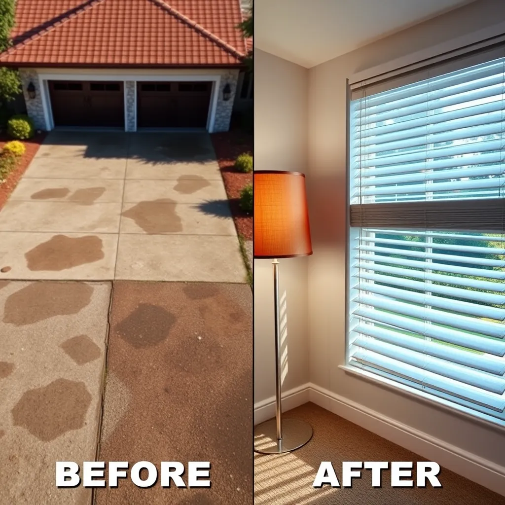 A split image showing the before and after results of cleaning services. The left side shows a dirty driveway, stained carpet, and dusty blinds, while the right side showcases the same areas after cleaning, with sparkling surfaces, vibrant colors, and a sense of freshness.