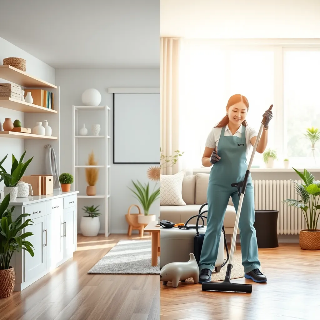 A split-screen image showcasing a clean and organized home on one side and a professional cleaning service provider on the other, using modern equipment and eco-friendly solutions. The background should be bright and inviting, highlighting the positive impact of our services.