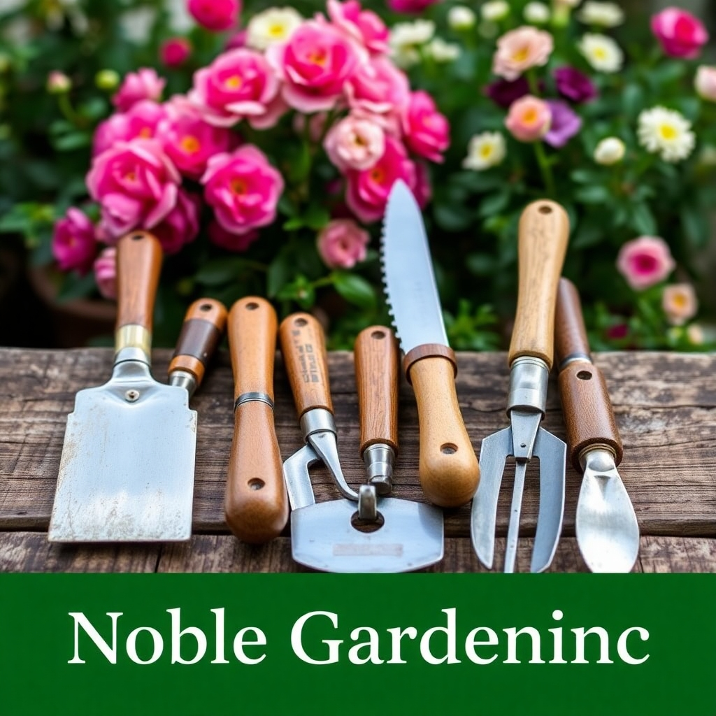  A stylized image of various gardening tools artfully arranged on a rustic wooden table with flowers in the background, emphasizing the care and precision of Noble Gardening's maintenance approach.