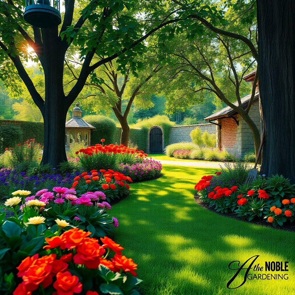 Create a photorealistic, ultra-high quality 8K resolution image depicting a meticulously maintained garden. The scene should showcase a lush green lawn, vibrant flowerbeds bursting with color, and mature trees providing shade. The lighting should be soft and natural, with warm sunlight filtering through the leaves. The color palette should be rich and vibrant, with contrasting greens, blues, and reds.  The camera angle should be slightly elevated, providing a wide-angle view of the garden's beauty.  Include texture details such as dew drops on leaves, the softness of petals, and the roughness of tree bark. The environment should be peaceful and serene, evoking a sense of tranquility and harmony with nature.  Include relevant props like garden tools subtly placed in the background, perhaps leaning against a charming stone wall, adding a touch of professional gardening. The style should be similar to high-end garden design magazines, exuding a feeling of sophistication and expertise. The overall image should convey the quality, professionalism, and expertise of Noble Gardening, symbolizing the transformation of ordinary spaces into breathtaking gardens.