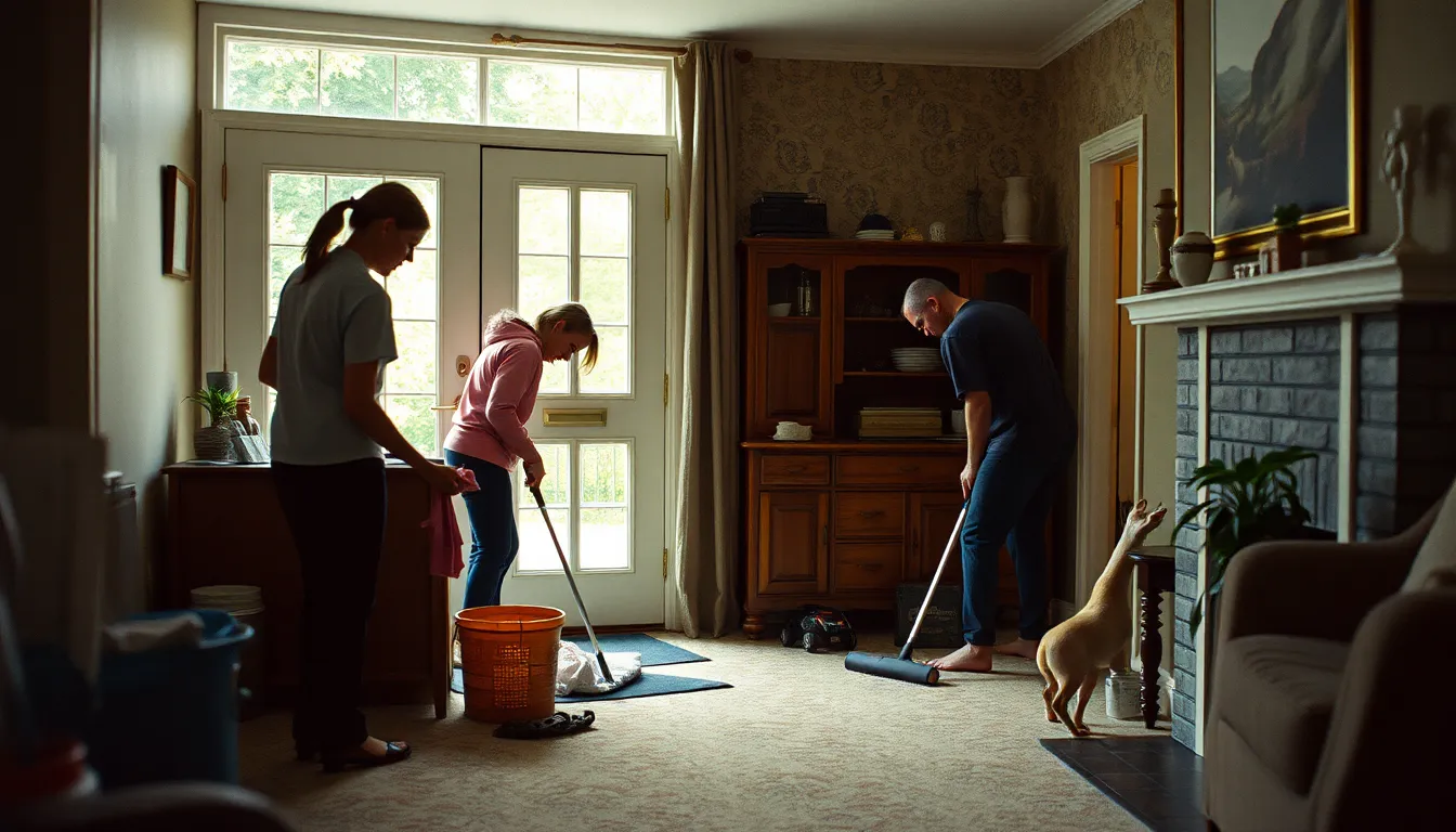 A wide-angle shot of a modern living room, flooded with warm, natural sunlight streaming through large windows. The furniture is arranged in a welcoming and comfortable way, with plush cushions, throws, and decorative plants. The floor is sparkling clean, and the surfaces are free of dust and clutter. The overall mood is one of relaxed cleanliness and tranquility. The image should be highly detailed and photorealistic, with a focus on the textures and materials of the furniture, flooring, and accessories. The lighting should be soft and diffused, creating a warm and inviting atmosphere. The image should be rendered in 8K resolution and feature a hyperrealistic style.
