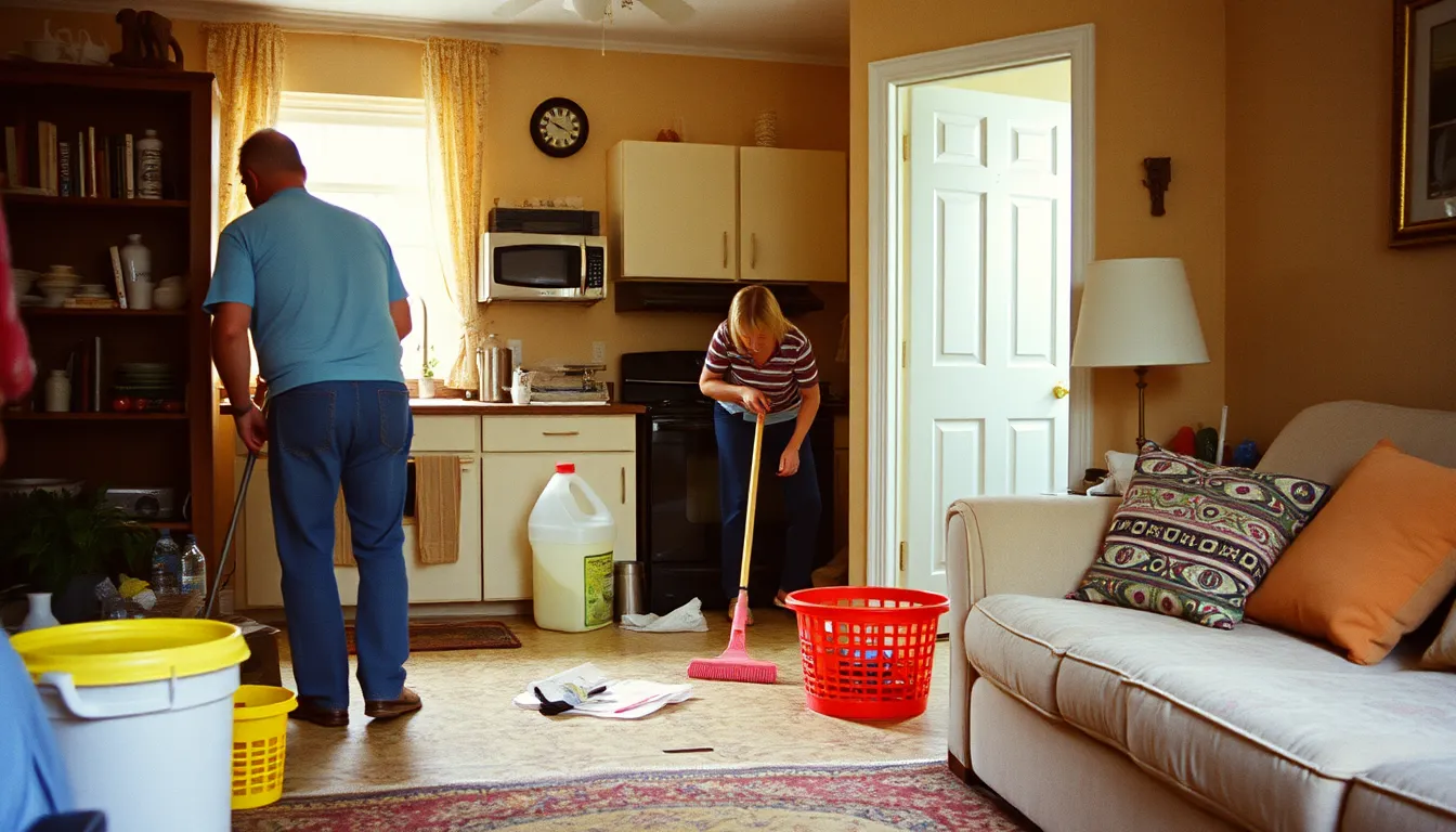 A wide-angle shot of a modern living room, flooded with warm, natural sunlight streaming through large windows. The furniture is arranged in a welcoming and comfortable way, with plush cushions, throws, and decorative plants. The floor is sparkling clean, and the surfaces are free of dust and clutter. The overall mood is one of relaxed cleanliness and tranquility. The image should be highly detailed and photorealistic, with a focus on the textures and materials of the furniture, flooring, and accessories. The lighting should be soft and diffused, creating a warm and inviting atmosphere. The image should be rendered in 8K resolution and feature a hyperrealistic style.