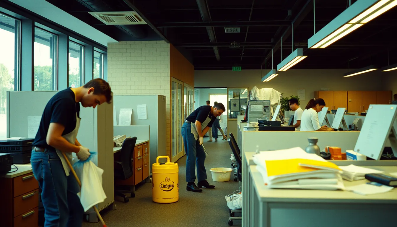 A medium-shot of a modern office workspace, showcasing a clean and organized desk with a laptop, keyboard, and notepad. The office chairs are immaculate, and the surrounding area is free of dust and clutter. The image should focus on the cleanliness and functionality of the workspace, with a focus on the details, such as the smooth, polished surfaces of the desk and chairs, the sleek lines of the office equipment, and the bright, fluorescent lighting overhead. The image should have a professional and polished aesthetic, reflecting the high standards of the cleaning service. Render the image in 8K resolution with ultra-realistic detail.