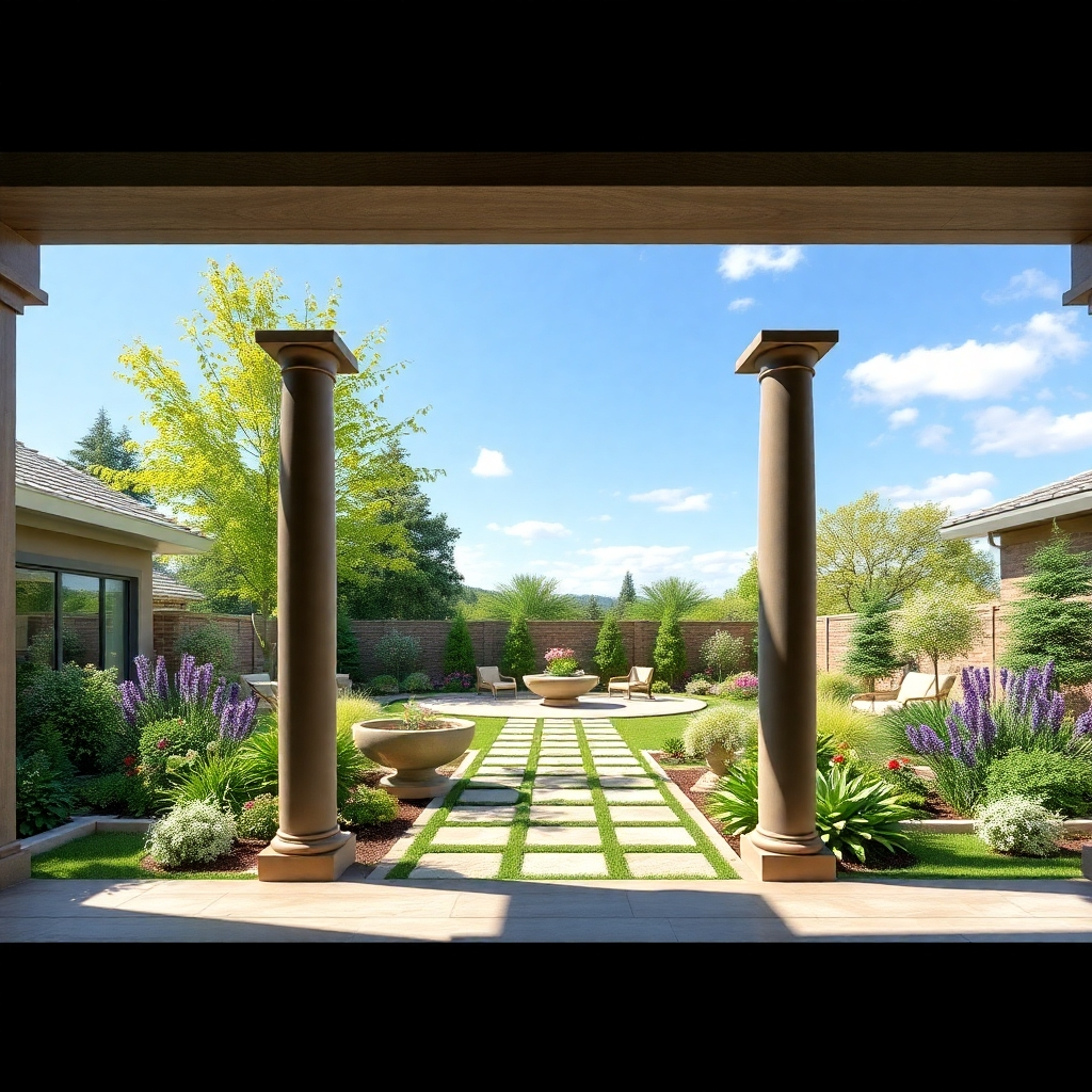 Photorealistic image of a breathtaking garden designed and installed by Noble Gardening, showcasing sophisticated style and functionality.
