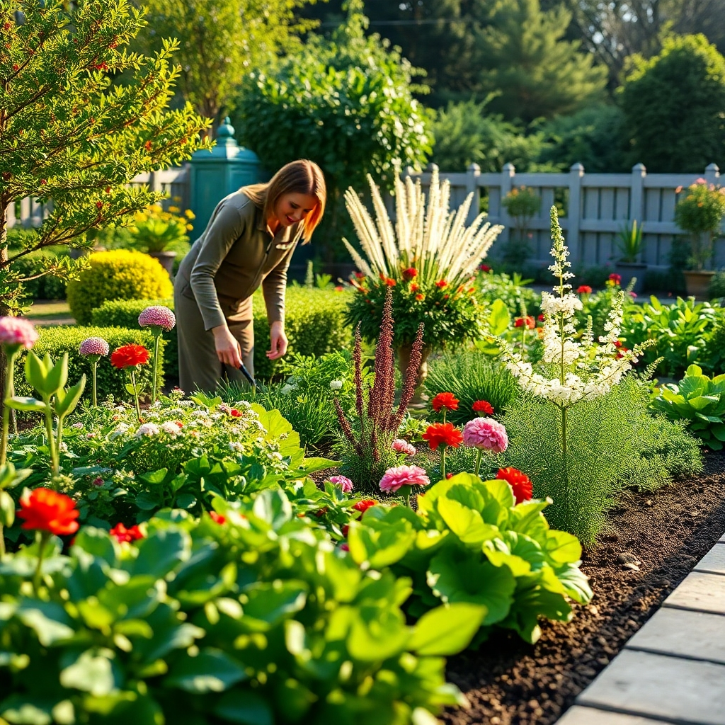 Photorealistic image of a thriving garden with a gardener gently tending to it, conveying the ongoing care and support that Noble Gardening provides.