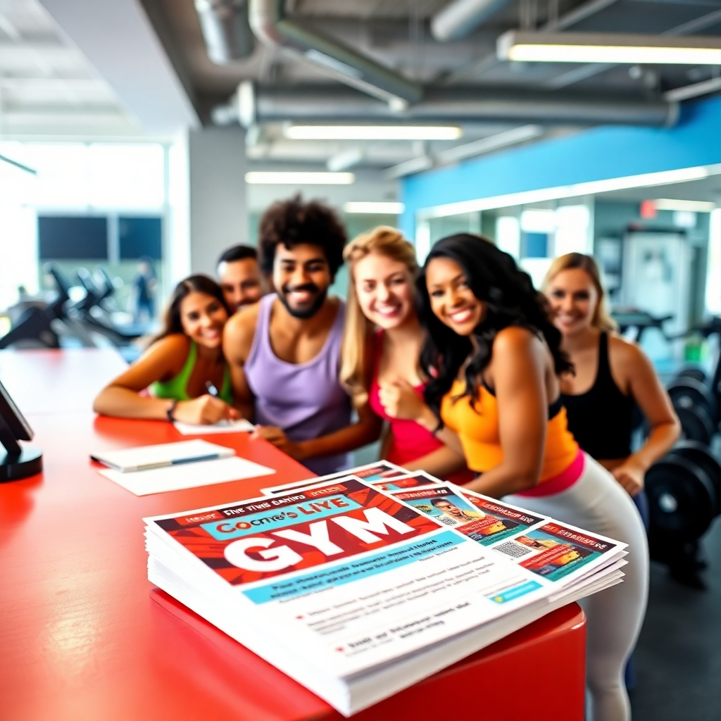 A split image showing two scenarios: one half displays a group of enthusiastic gym-goers signing up at a front desk, while the other half shows a stack of eye-catching flyers featuring promotional offers. Bright decor and a welcoming atmosphere emphasize motivation and fitness community.