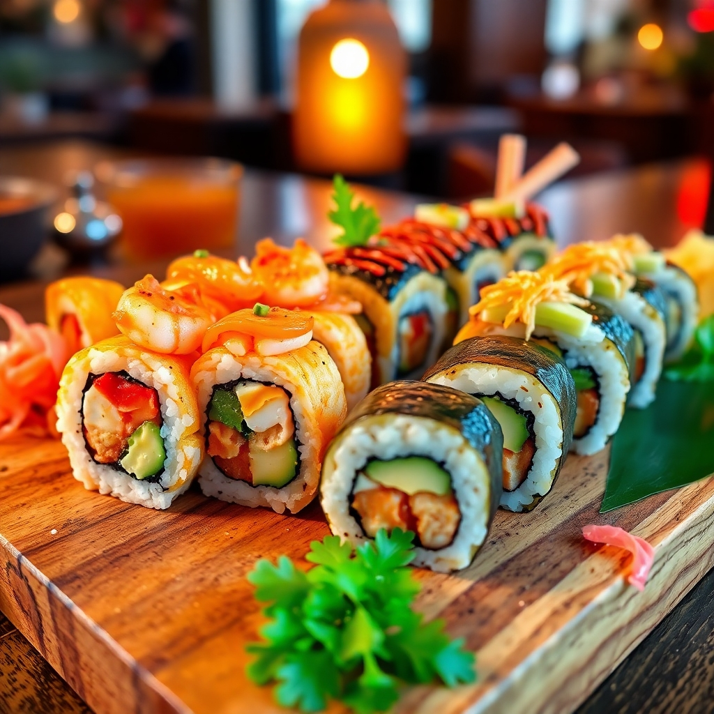 A beautiful arrangement of sushi rolls on a wooden board, featuring a Dynamite Roll with shrimp tempura and spicy mayo, a Caterpillar Roll with creamy avocado and savory eel, surrounded by garnishes of wasabi and pickled ginger, in a vibrant, inviting setting.