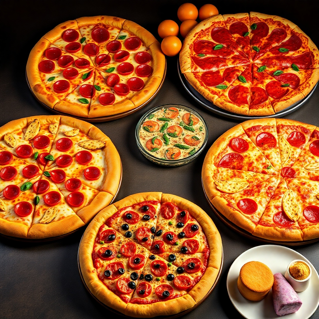 A beautifully arranged display of various pizzas from Little Caesars, including a pepperoni pizza, ExtraMostBestest® pizza, and Detroit-style deep dish. Highlight vibrant colors and textures with toppings, and include side items like Crazy Bread® and a dessert plate.