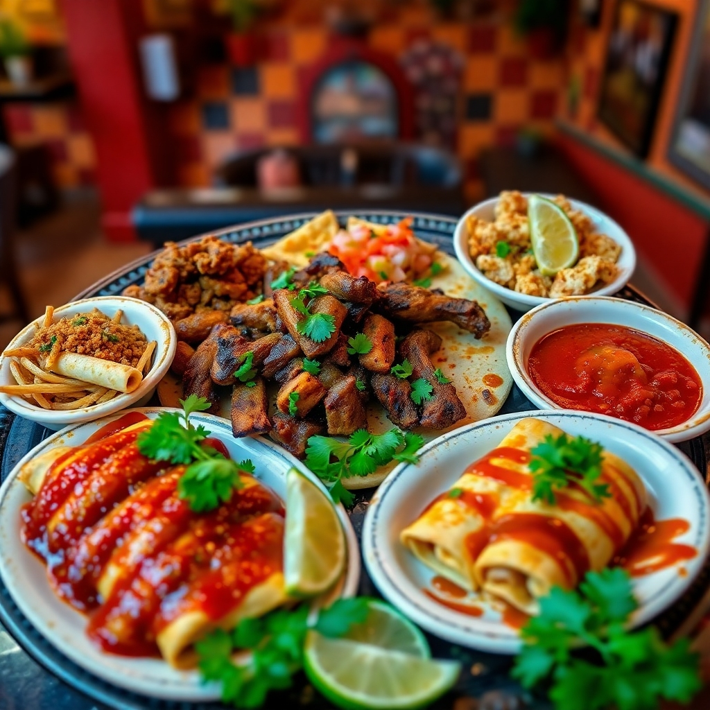 A beautifully arranged platter of authentic Mexican dishes featuring carne asada, al pastor, and enchiladas. The background reflects a vibrant restaurant atmosphere with colorful decor and terracotta tiles. The lighting is soft and diffused, highlighting the rich colors of the food—warm reds, greens, and yellows. Shot from a top-down angle, the image showcases intricate details like textures of grilled meats and the freshness of toppings. Surround the dishes with decorative elements like fresh cilantro and lime wedges. Capture a cozy and inviting mood, making the viewer feel as if they’re dining in a bustling Mexican restaurant. Style references hint at culinary photography with high attention to detail, ensuring an ultra-detailed, hyper-realistic representation in 8K resolution.