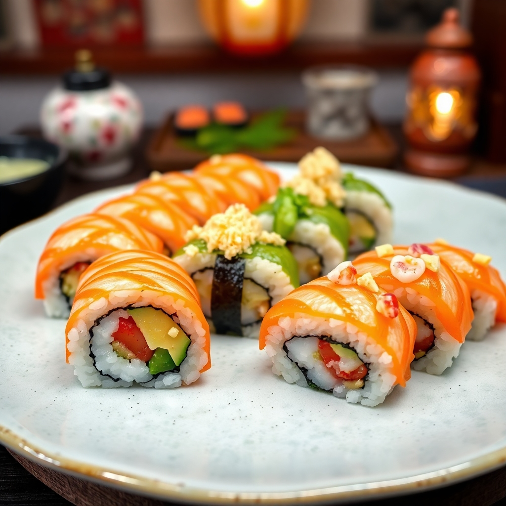 A beautifully arranged platter of sushi rolls, showcasing vibrant colors and textures. The platter includes a Dynamite roll with shrimp tempura, a Caterpillar roll with avocado and eel, and Shooting Star roll with lobster salad and mango. The background features a traditional Japanese decor.