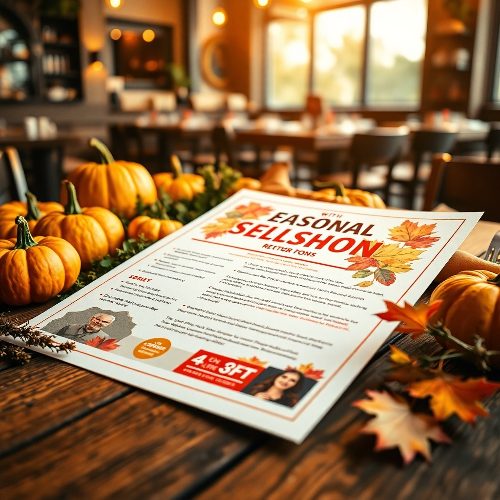 A beautifully composed image of a seasonal promotion flyer spread out on a rustic wooden table, surrounded by seasonal ingredients like pumpkins, herbs, and fresh produce that represent autumn. The lighting is warm and golden, creating a cozy mood. Close-up shot to capture the texture of the flyer paper and the vibrant colors of the promotional graphics. In the background, soft-focus blurred elements of a well-decorated restaurant interior, enhancing the luxurious and welcoming feel. The composition is styled reminiscent of lifestyle magazines, emphasizing a homey yet upscale vibe, ultra-detailed, and in 8K resolution.