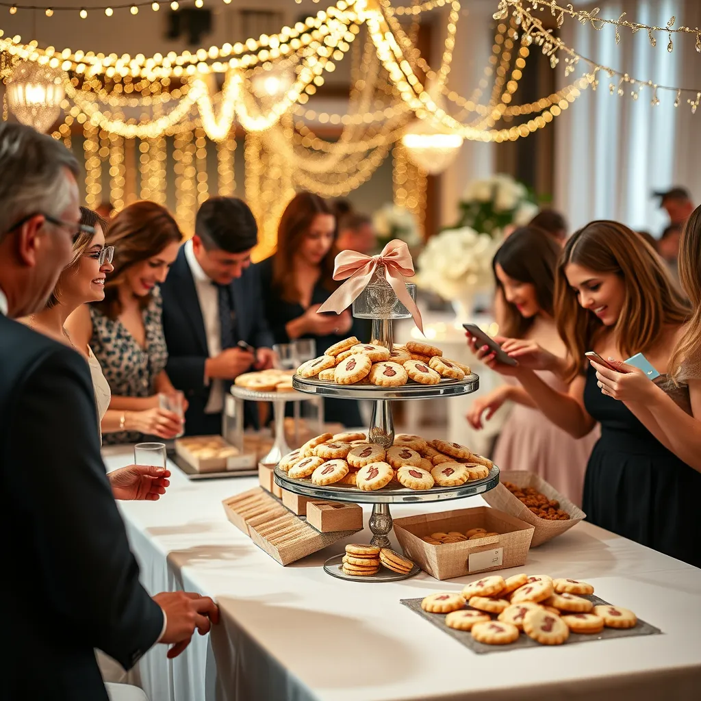A beautifully decorated event table with a centerpiece of custom cookies in elegant packaging. Guests are happily picking cookies from a tiered display, with a backdrop of soft string lights and festive decorations indicating a joyous occasion.