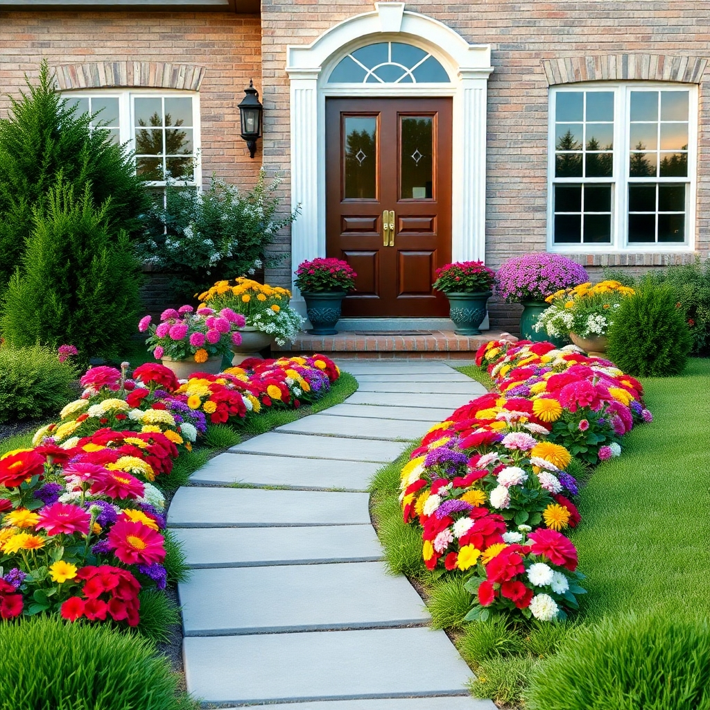 A beautifully landscaped front yard featuring vibrant flower beds with a variety of colorful seasonal flowers. The flower beds are neatly organized along a stone pathway leading to an inviting front door, with lush green grass surrounding the area.