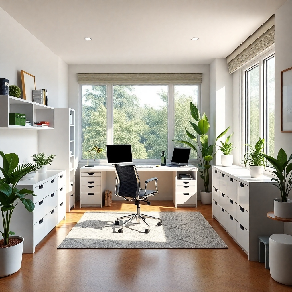 A beautifully organized home office featuring a minimalist desk, ergonomic chair, and stylish storage solutions. Large windows allow natural light, and plants add a refreshing touch, illustrating a balanced blend of style and practicality.