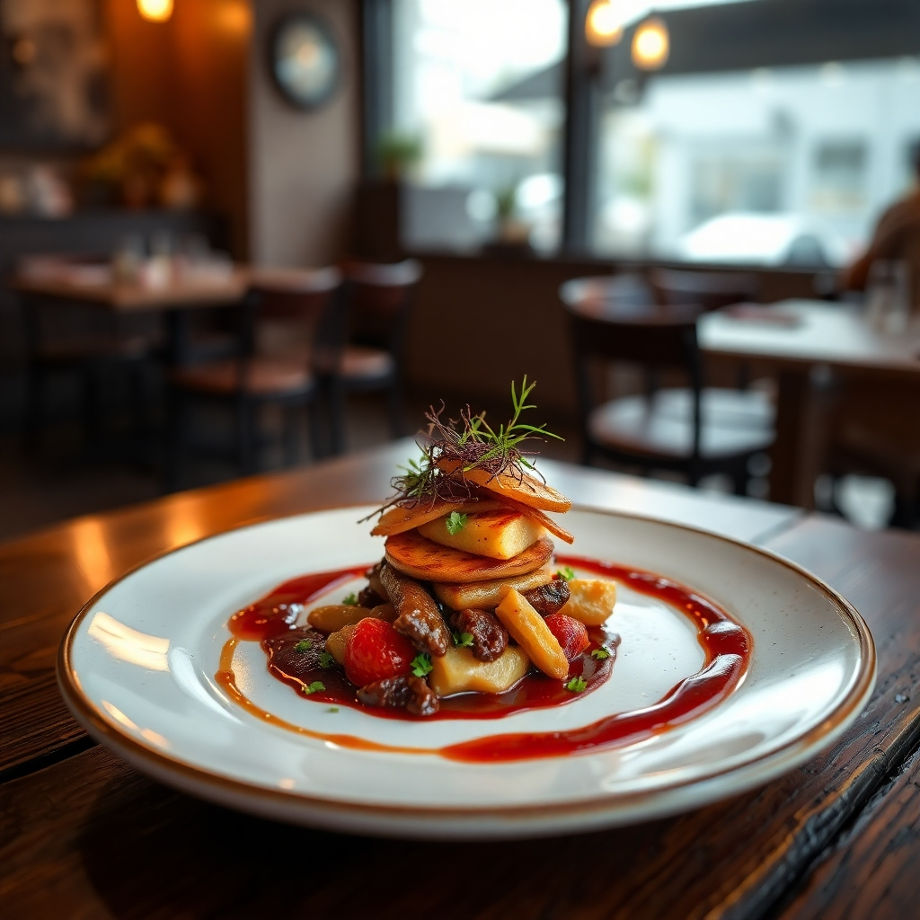 A beautifully plated gourmet dish, richly colored and artistically arranged, displayed on a rustic wooden table. Soft, warm lighting enhances the textures and colors of the food, while a blurred background hints at a cozy restaurant atmosphere.
