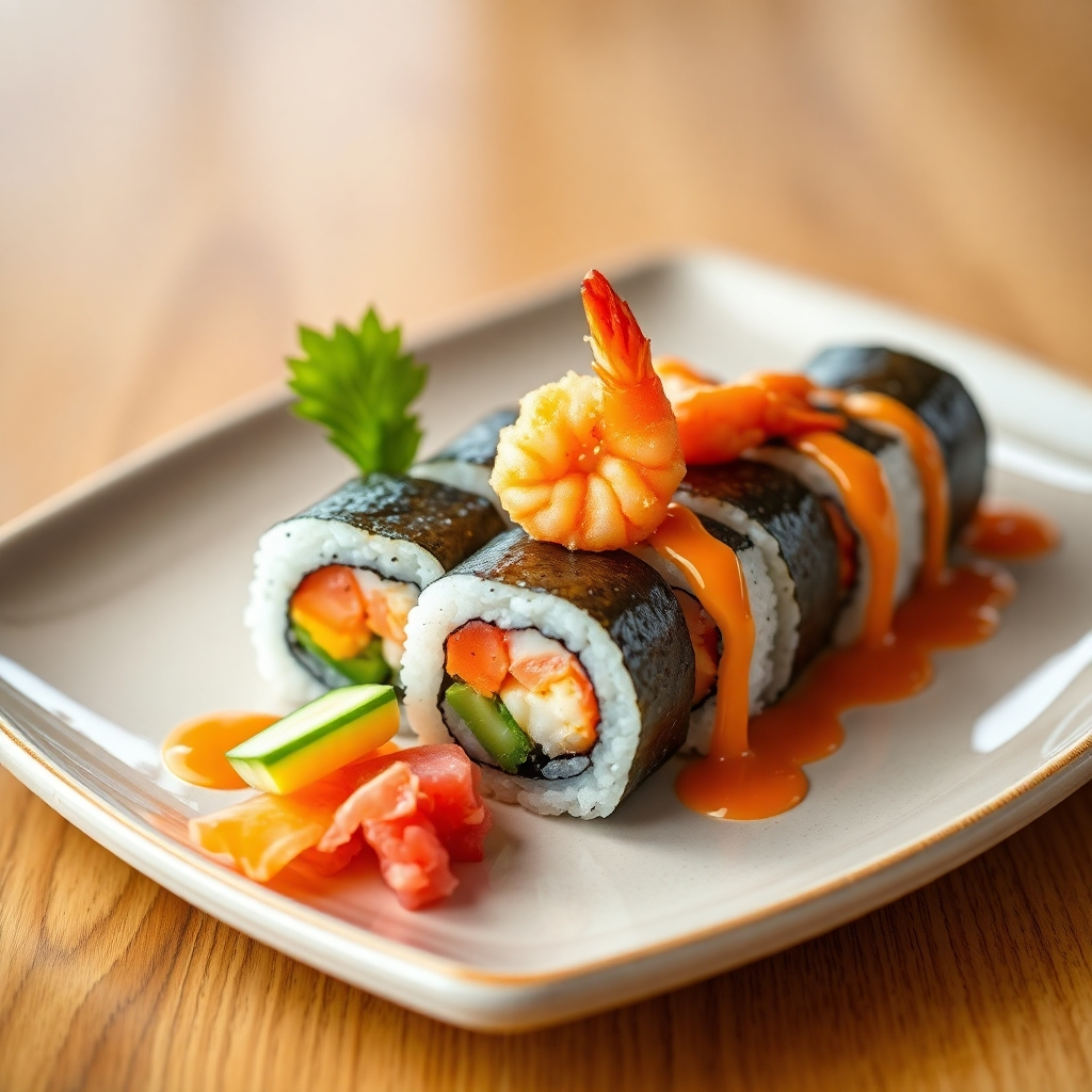 A beautifully presented plate of sushi showcasing the Dynamite Roll, featuring vibrant colors with shrimp tempura, drizzled with spicy mayo. The sushi is garnished with delicate slices of cucumber and colorful pickled ginger, set against a minimalist wooden table.