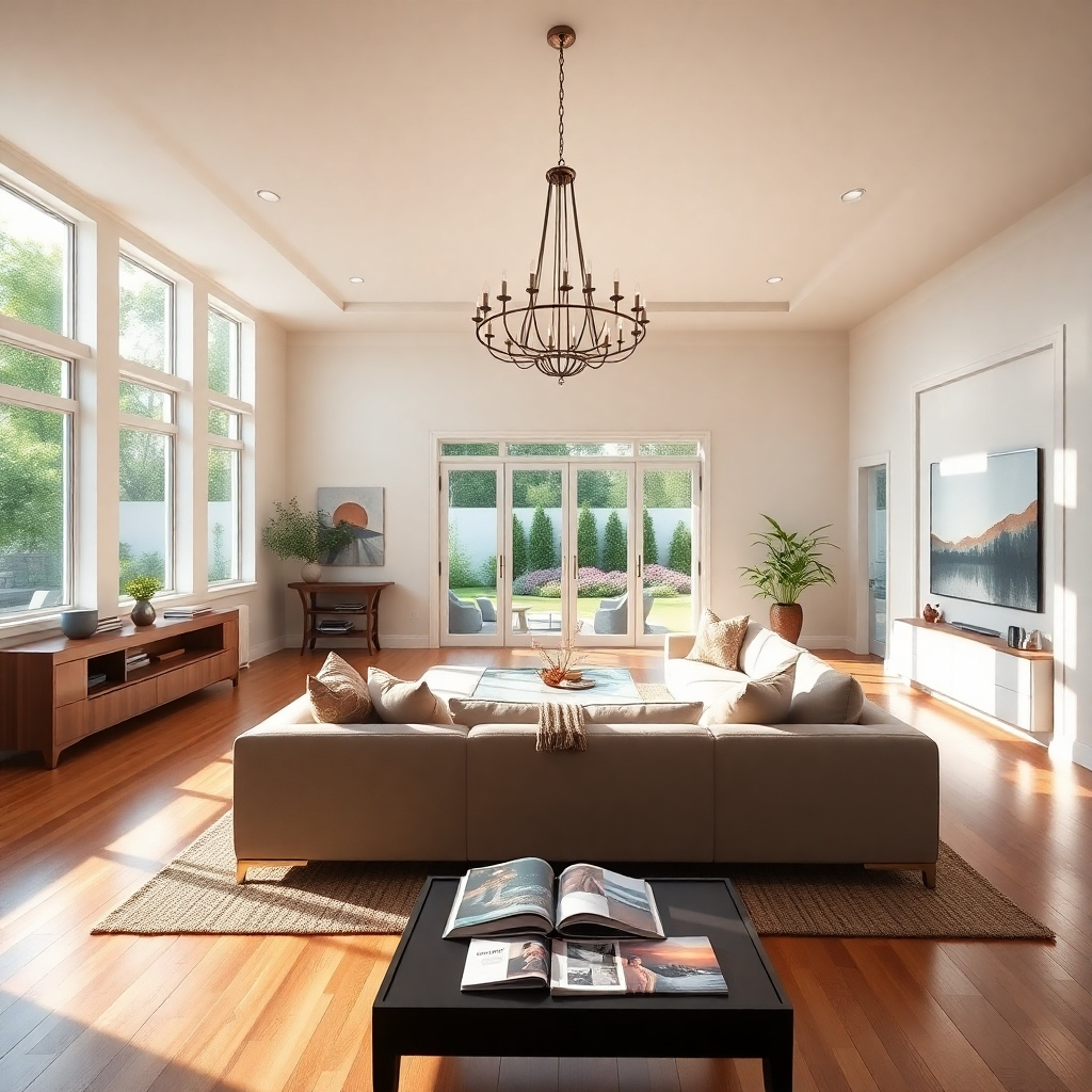 A beautifully staged living room in a modern home, showcasing high-end furnishings and an open layout. The room is bathed in soft diffused lighting streaming through large windows, creating a warm and inviting atmosphere. The walls are painted in a light neutral color palette, complemented by splashes of vibrant decor. A large chandelier hangs from the ceiling, casting gentle shadows over a plush sofa with decorative throw pillows. Textures of woven rugs adoring polished hardwood floors enhance the sense of comfort. In the background, a glimpse of the stunning backyard is visible through the glass doors, revealing lush greenery and vibrant flowers in full bloom. The perspective is slightly below eye level, providing an intimate view, much like a visitor stepping into the room. A small coffee table is adorned with magazines and a fresh vase of flowers. This image should be in hyperrealistic detail, captured in 8K resolution.