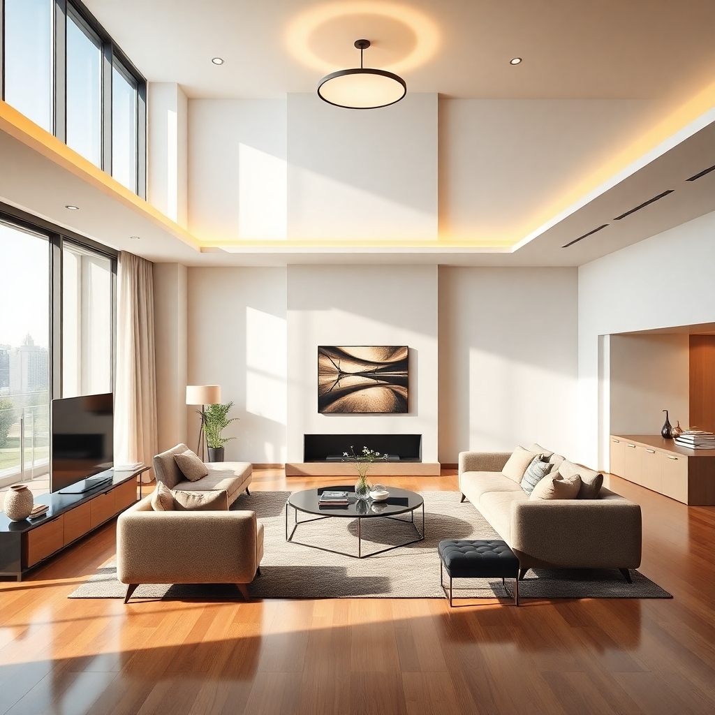 A beautifully staged living room showcasing modern interior design, with sleek furniture, elegant lighting, and warm color tones. Large windows allow natural light to fill the space, highlighting polished floors and tasteful decor.