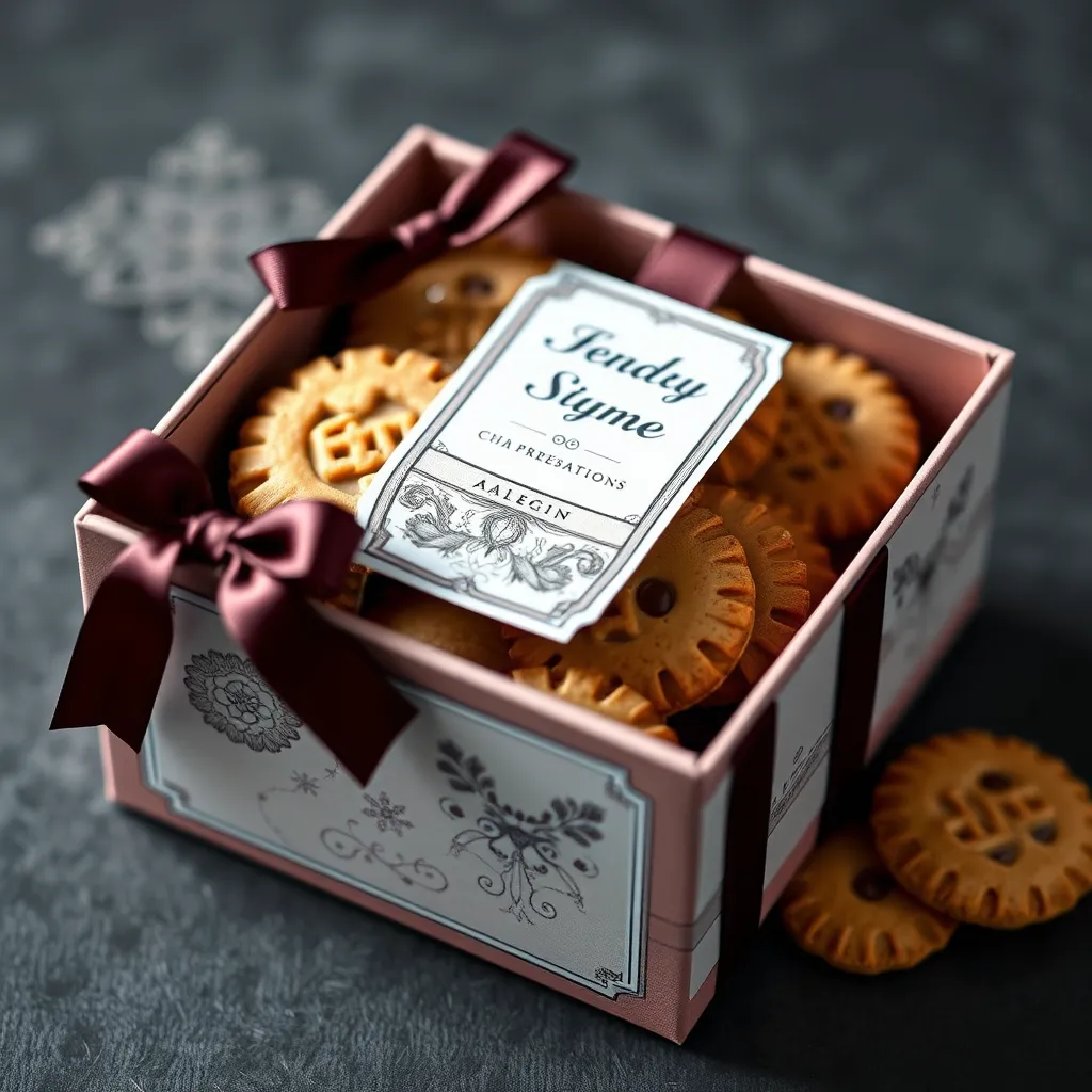 A beautifully wrapped box of cookies with a personalized label featuring the recipient's name. The box is stylishly designed with a ribbon and decorative elements, and the cookies inside are neatly arranged in individual compartments. The packaging exudes elegance and thoughtfulness, showcasing attention to detail.