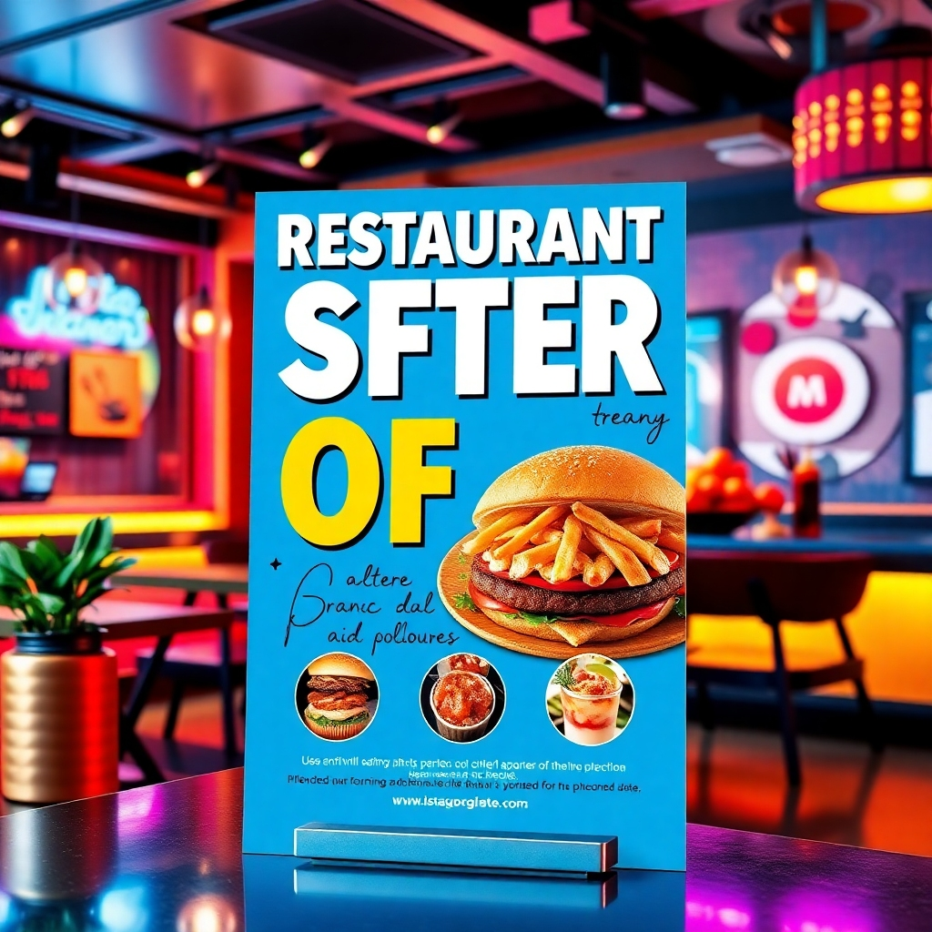 A brightly designed flyer showcasing a special offer at a trendy restaurant. The flyer includes bold typography and eye-catching graphics with images of delicious food and drinks, set against a vibrant backdrop that reflects the restaurant's branding.