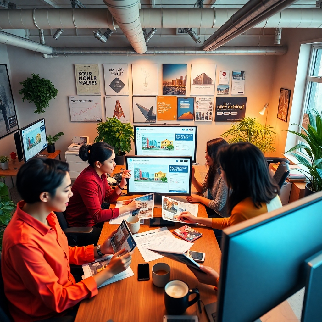 A bustling real estate office environment, showcasing a diverse team of marketing professionals collaborating on vibrant flyers and digital ads. The scene is illuminated by bright, friendly lighting, evoking a productive atmosphere. The color palette is a blend of warm tones and cool accents, creating a cohesive and inviting space. The camera angle is slightly elevated, providing a bird's eye view of the team at work, with sharp focus on the details of the vibrant flyers and multiple monitors displaying geofencing analytics. Textures of paper, glossy brochure finishes, and sleek screens add depth. Background elements include motivational posters and plants, contributing to a dynamic yet professional ambiance. This composition should have an ultra-detailed, hyperrealistic depiction in 8K resolution, drawing inspiration from contemporary corporate photography.