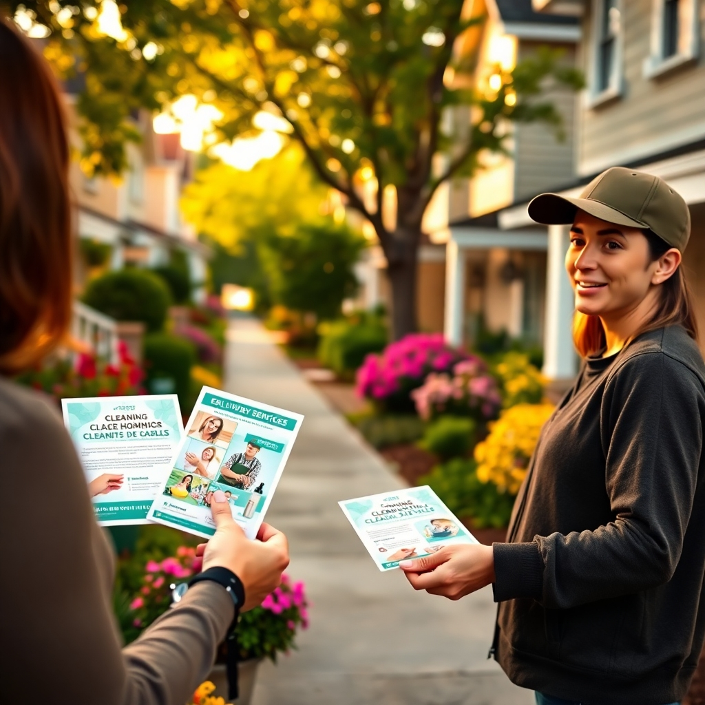 A bustling residential neighborhood scene during late afternoon, showcasing a delivery person handing out beautifully designed flyers promoting cleaning services. The composition features well-maintained houses and blooming gardens, capturing an inviting suburban atmosphere. Soft diffused lighting casts a warm glow, enhancing the vibrancy of colors in the lush greenery and flower beds. The flyers are in clear view, highlighting offers and professional graphics, while the delivery person is seen smiling, engaging with a homeowner. The camera angle is slightly elevated to capture the depth of the street and the interactions, emphasizing connection and trust. The overall mood is friendly and professional, with a color palette of warm earth tones and greens. Render in 8K resolution, hyperrealistic style with ultra-detailed textures on both the flyer and the surrounding environment.