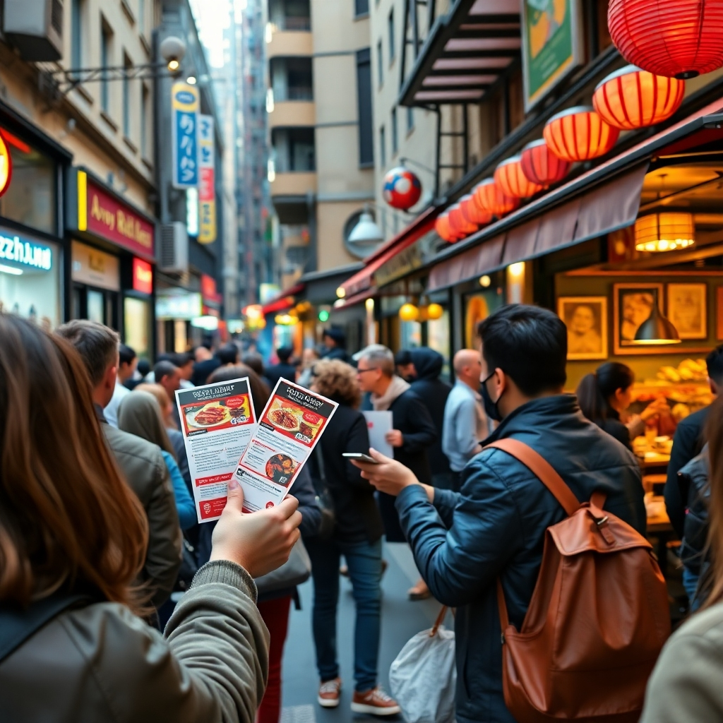 A bustling urban street with a diverse group of people receiving colorful restaurant flyers from a friendly street team. In the background, a lively restaurant brimming with diners enjoying food, with a welcoming atmosphere and warm lights.
