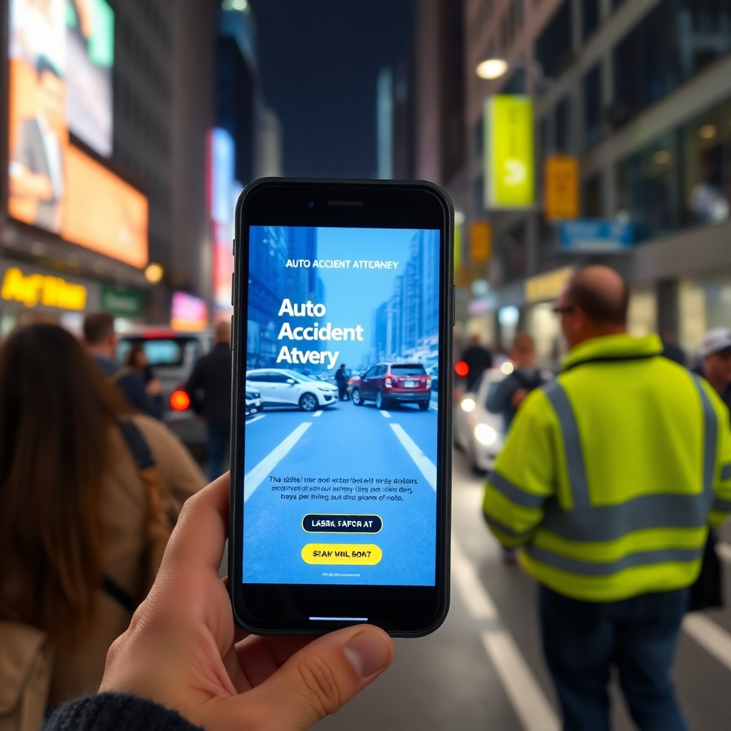 A busy city street scene showcasing a smartphone displaying an advertisement for an auto accident attorney. The background should depict a recent accident scene and people looking at their phones. Emphasize the bright, eye-catching ad on the phone screen.