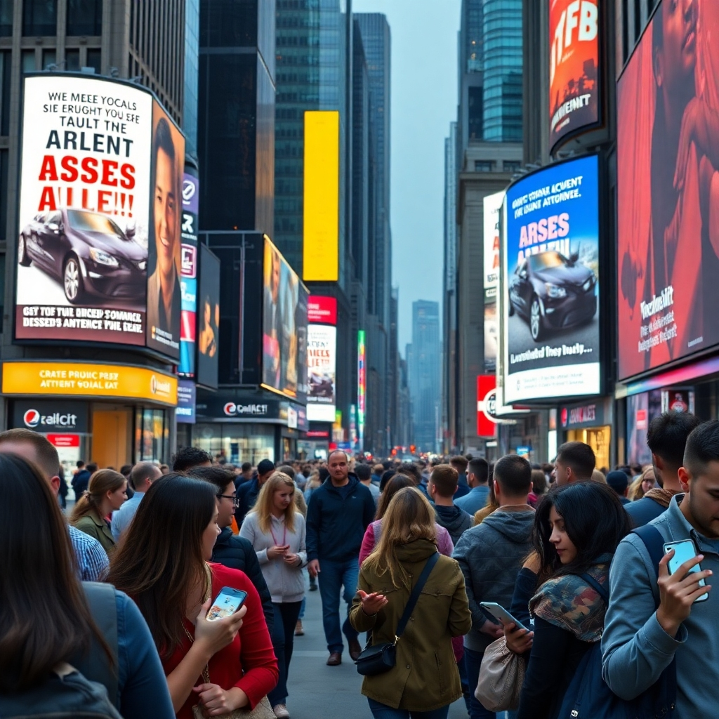 A busy city street with digital billboards highlighting auto accident attorney ads. The scene includes a diverse group of people looking at their smartphones, suggesting they are engaging with targeted digital ads. The environment should portray urgency and modern technology.