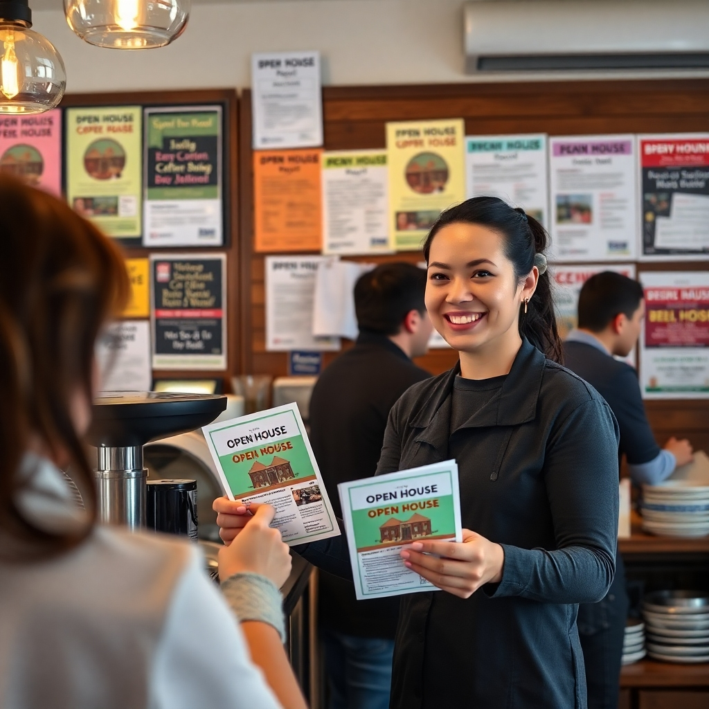 A busy local coffee shop with a smiling barista handing out open house flyers to customers. In the background, colorful flyers are displayed on a community bulletin board adorned with various neighborhood announcements, showing a vibrant atmosphere.