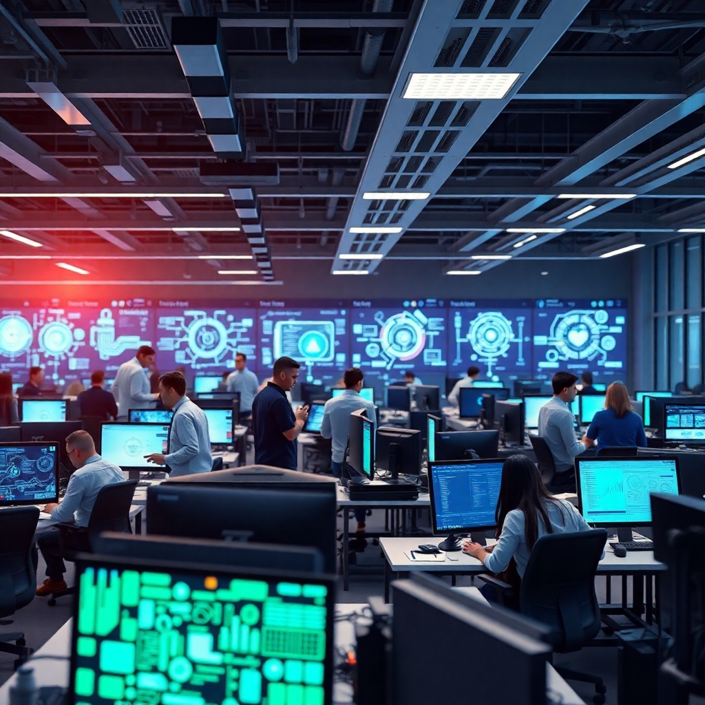A busy office environment with high-tech digital screens displaying automated processes, employees collaborating, and AI visual representations such as neural networks or data flow charts, creating a vibrant atmosphere of advanced technology and efficiency.