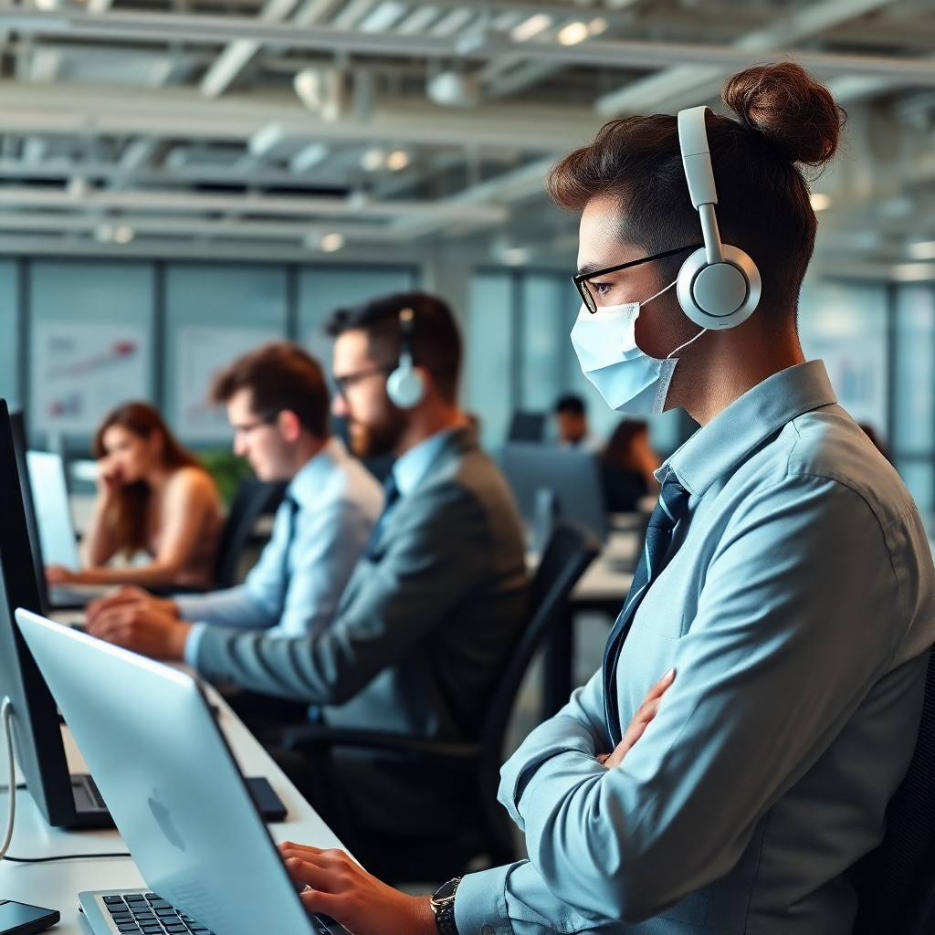 A busy real estate office with agents focused on deals while a digital assistant operates nearby, generating follow-up call schedules. Visual elements include charts representing increased productivity and efficiency through automation, blending technology with real estate workspaces.