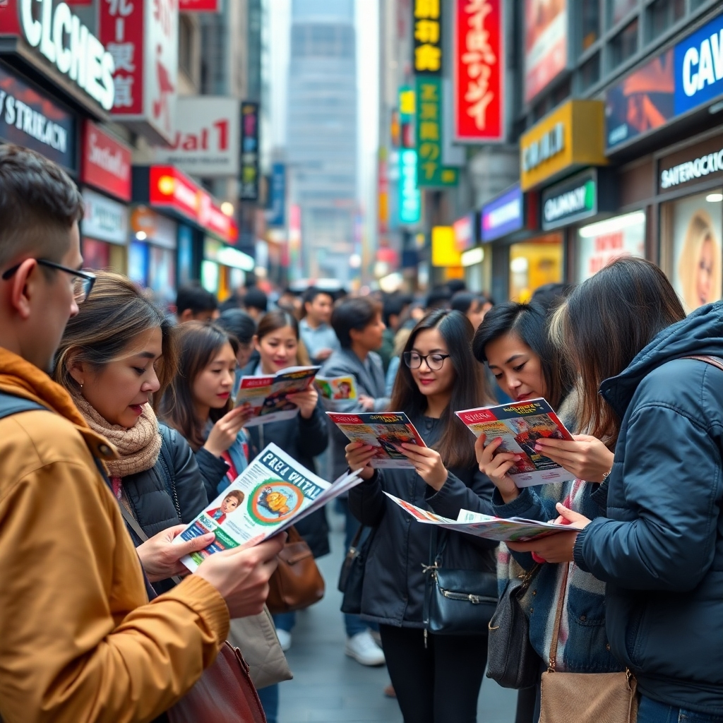 A busy urban setting showcasing a diverse group of people interacting with colorful flyers. Include various demographics receiving and reading flyers, emphasizing engagement and interest. The background should feature local businesses, creating a sense of community and targeted marketing.