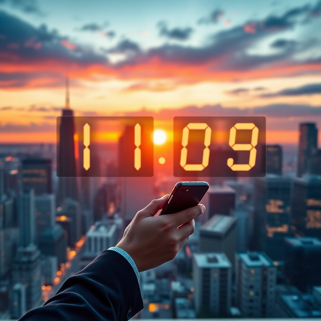 A captivating image of a countdown timer set against a backdrop of a bustling city skyline at sunset. The foreground should feature a determined real estate agent looking at their phone, with a sense of urgency, symbolizing the limited-time offer and the hustle of the real estate market.