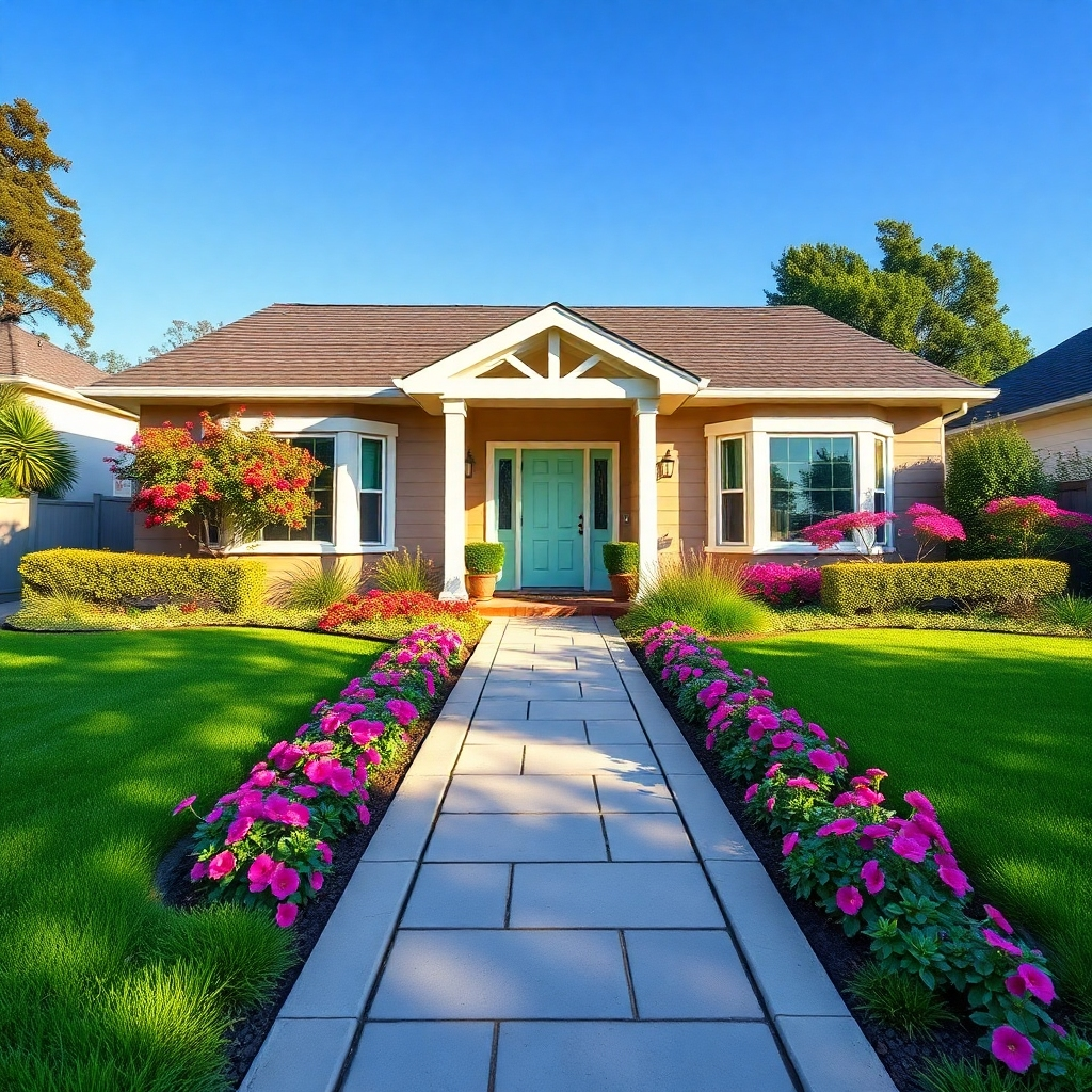 A charming suburban home with lush green lawns, vibrant flower beds, and a well-maintained pathway leading to a stylish front door. Bright colors and varied plants add a lively touch, with a clear blue sky in the background.