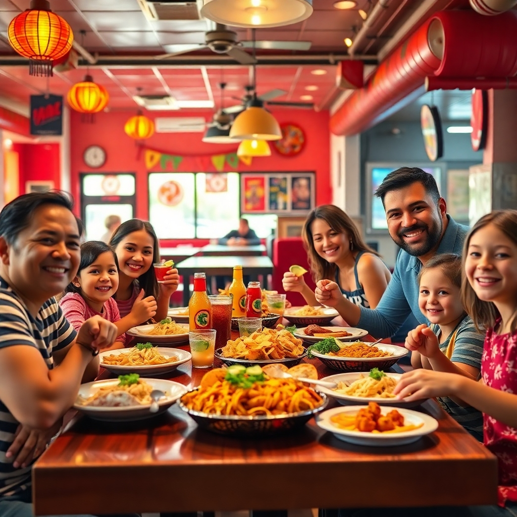 A cheerful family gathered around a table enjoying a feast of tacos, burritos, and enchiladas in a warm, inviting restaurant atmosphere. Bright decorations and smiling staff enhance the joyful dining experience.