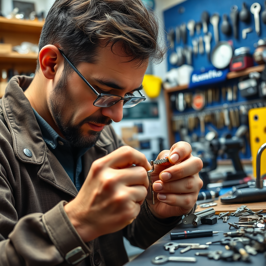 A close-up image of a locksmith focused on cutting a key with precision tools in a well-organized shop. The environment is bright and inviting, showcasing various types of keys and equipment around him. The shot emphasizes the meticulous nature of the job, highlighting both the tools and the locksmith's skillful hands. The details should reflect high quality and professionalism, bringing out the essence of expert craftsmanship in locksmith services.