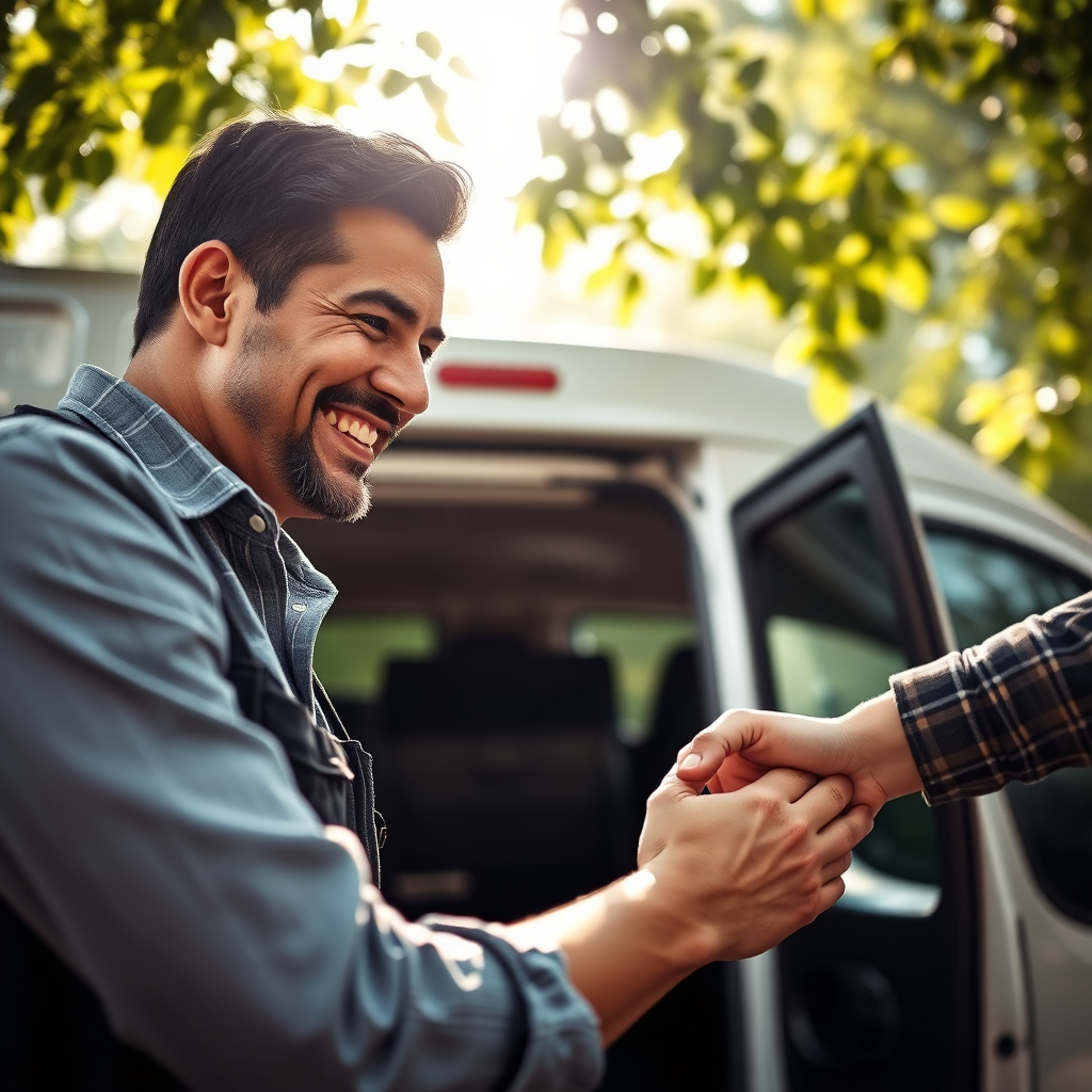 A close-up image of a satisfied customer shaking hands with a locksmith, showcasing the trust and satisfaction in their interaction. The backdrop features the mobile service van, and the customer smiles, expressing relief and appreciation. Gentle sunlight filters through the leaves above, creating a soft and welcoming atmosphere. The image should convey a sense of quality service and strong customer relationships, presented in a high-quality photorealistic manner.