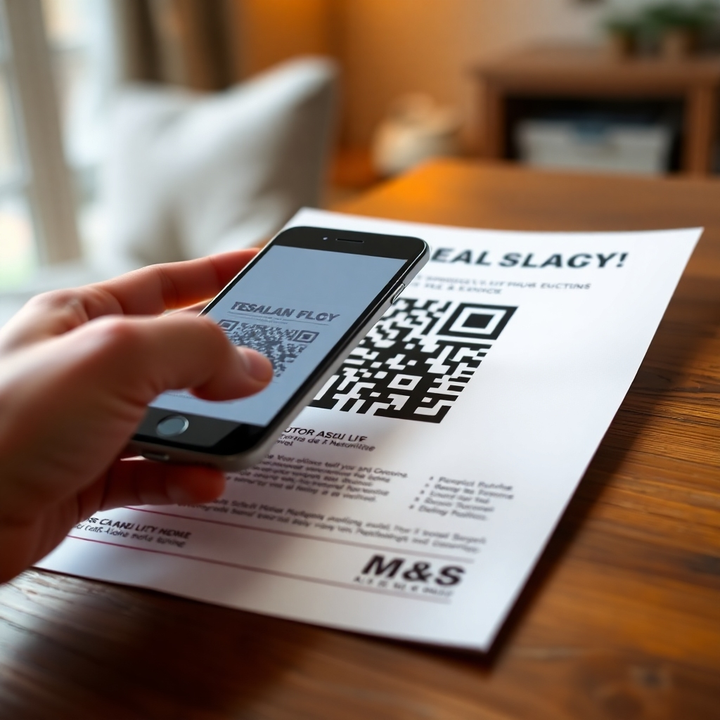 A close-up of a beautifully designed flyer with a QR code, placed on a table or in a home setting. Include a smartphone scanning the QR code, illustrating the connection between the flyer and an online landing page or website.