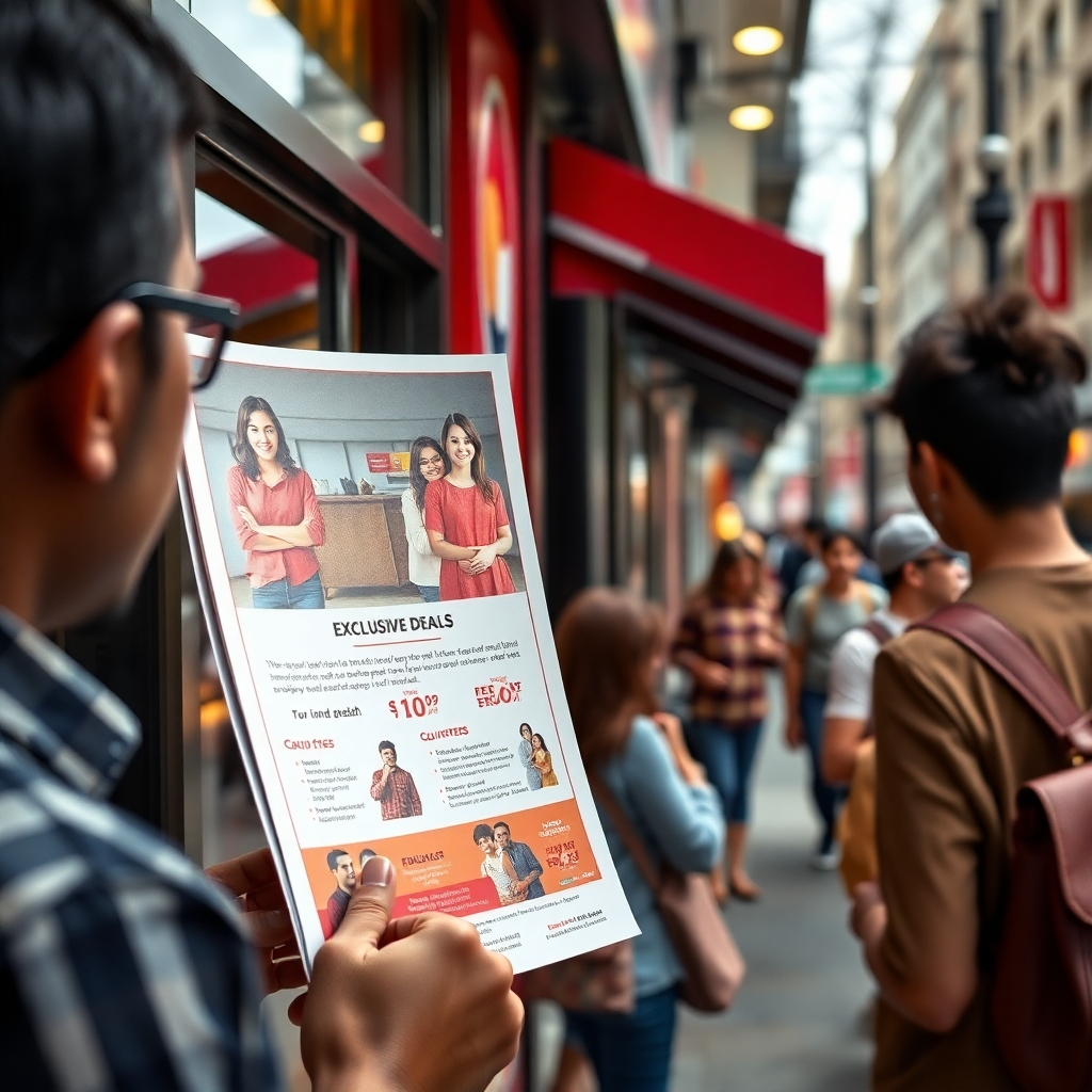 A close-up of a beautifully designed flyer featuring exclusive deals and enticing visuals, prominently displayed in a prominent location near a store entrance. The scene includes diverse people looking at the flyer, intrigued by the offers, with a busy street or sidewalk in the background.