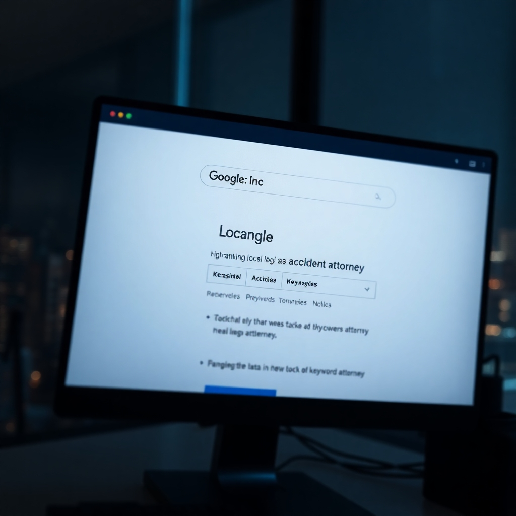 A close-up of a computer screen displaying a Google search result page showing a high-ranking local auto accident attorney. The screen should indicate relevant keywords. In the background, a city skyline to signify the locality represented.