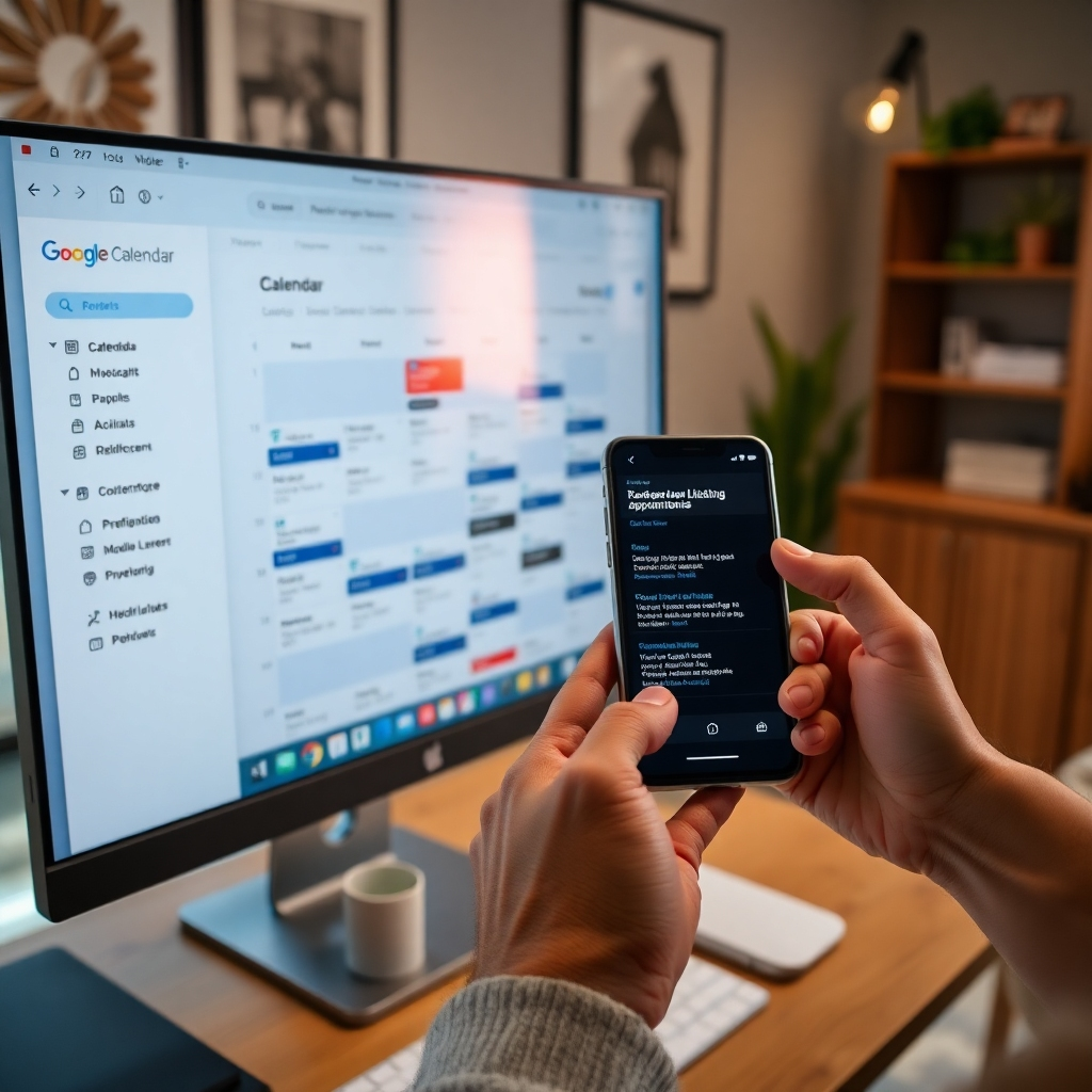 A close-up of a computer screen displaying a Google Calendar filled with scheduled real estate listing appointments, accompanied by a hand holding a smartphone showing notification reminders, against a backdrop of a stylish home office.