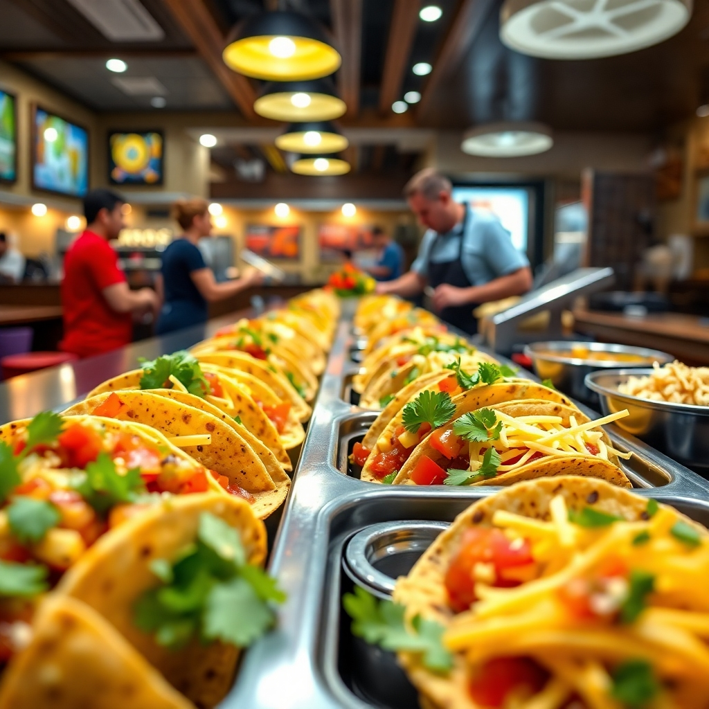 A close-up of a customizable taco station with various fresh toppings like guacamole, salsa, and cheese, showcasing vibrant colors. The background features a welcoming restaurant environment with friendly staff assisting guests.