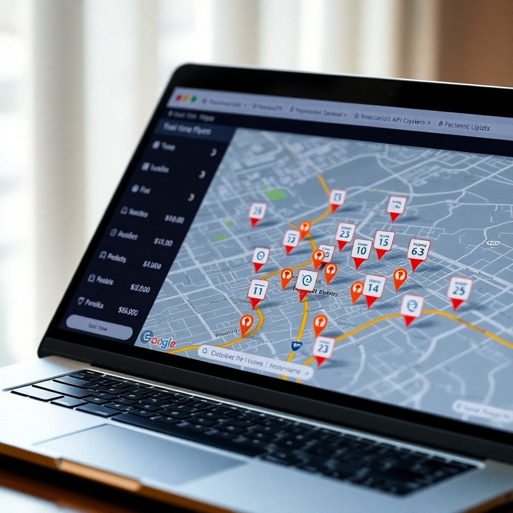 A close-up of a digital map displayed on a laptop screen, showing a GPS tracking interface with real-time updates. Superimpose icons representing distributed flyers across various neighborhoods. Include elements that convey technology, precision, and accountability.