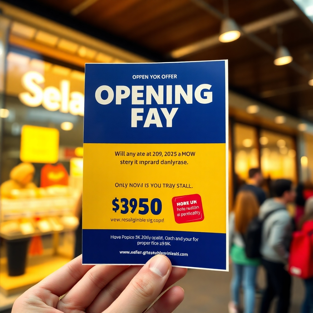 A close-up of a flyer showcasing a special opening day offer prominently displayed, with eye-catching text encouraging customers to take action. The flyer is held by a happy customer outdoors, with a new store in the background filled with activity and people.