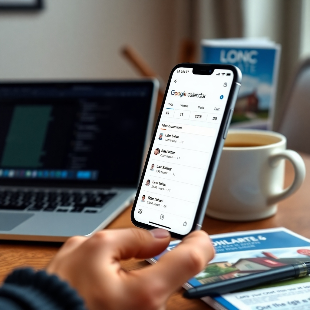A close-up of a Google Calendar on a smartphone, filled with scheduled listing appointments, surrounded by a cozy office environment featuring a laptop, a cup of coffee, and real estate brochures that depict professionalism and organization.
