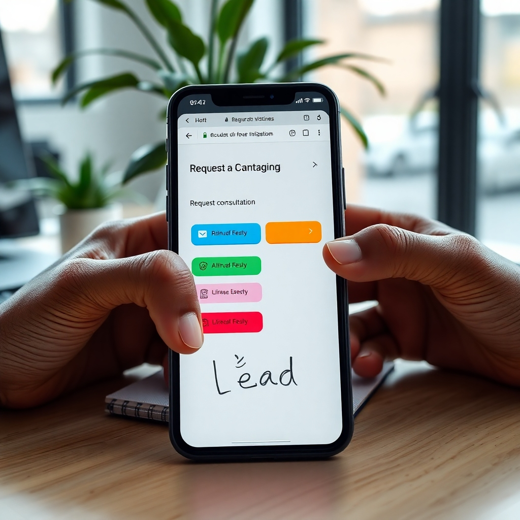 A close-up of a hands-on desk with a smartphone displaying messaging apps, a website with 'Request a Consultation' buttons, and colorful buttons labeled 'Lead'. Include a notepad with scribbled ideas around a plant in a stylish workspace, emphasizing innovation and connection.