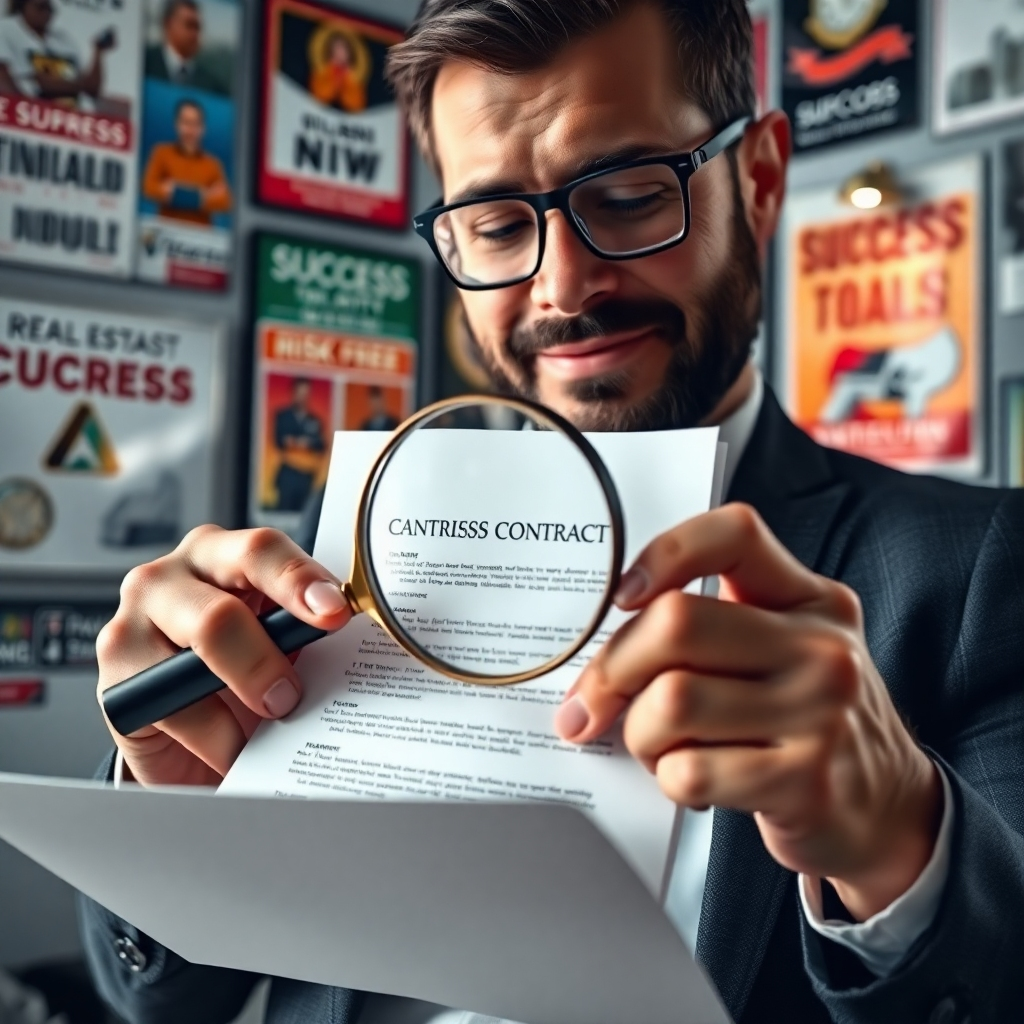 A close-up of a real estate agent holding a magnifying glass over a contract, examining it closely, with a relieved expression. The background features a wall filled with various marketing tools and success posters, illustrating a risk-free atmosphere.